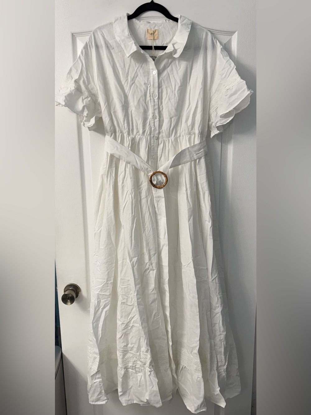 LinenVibes White Half Button-Front Lined Maxi Dress with Waist Belt Cotton/Linen